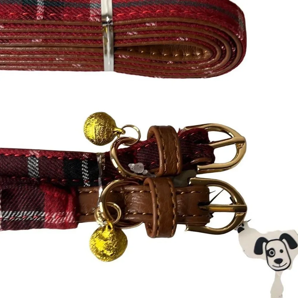 Pet collars and leash combo set NEW red plaid‎ NWT